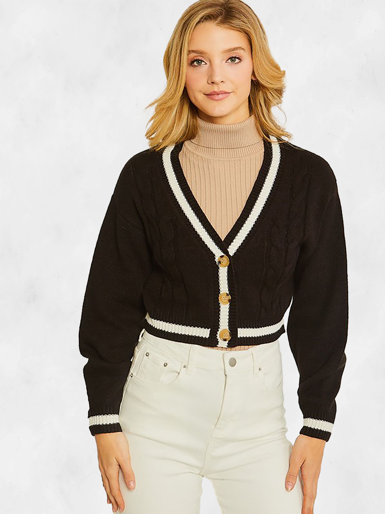 Itssy Striped Cable Knit Crop Cardigan