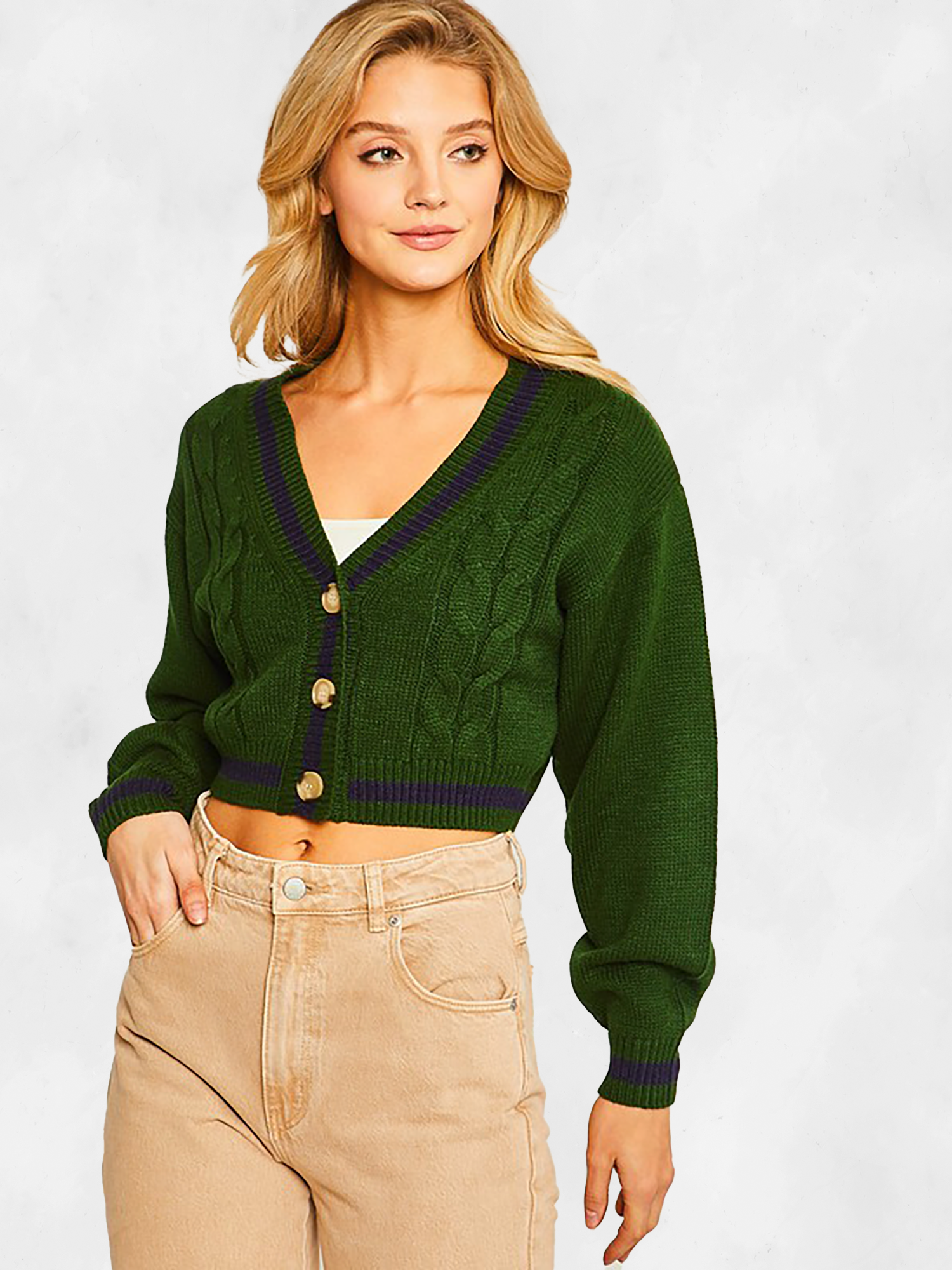 Itssy Striped Cable Knit Crop Cardigan