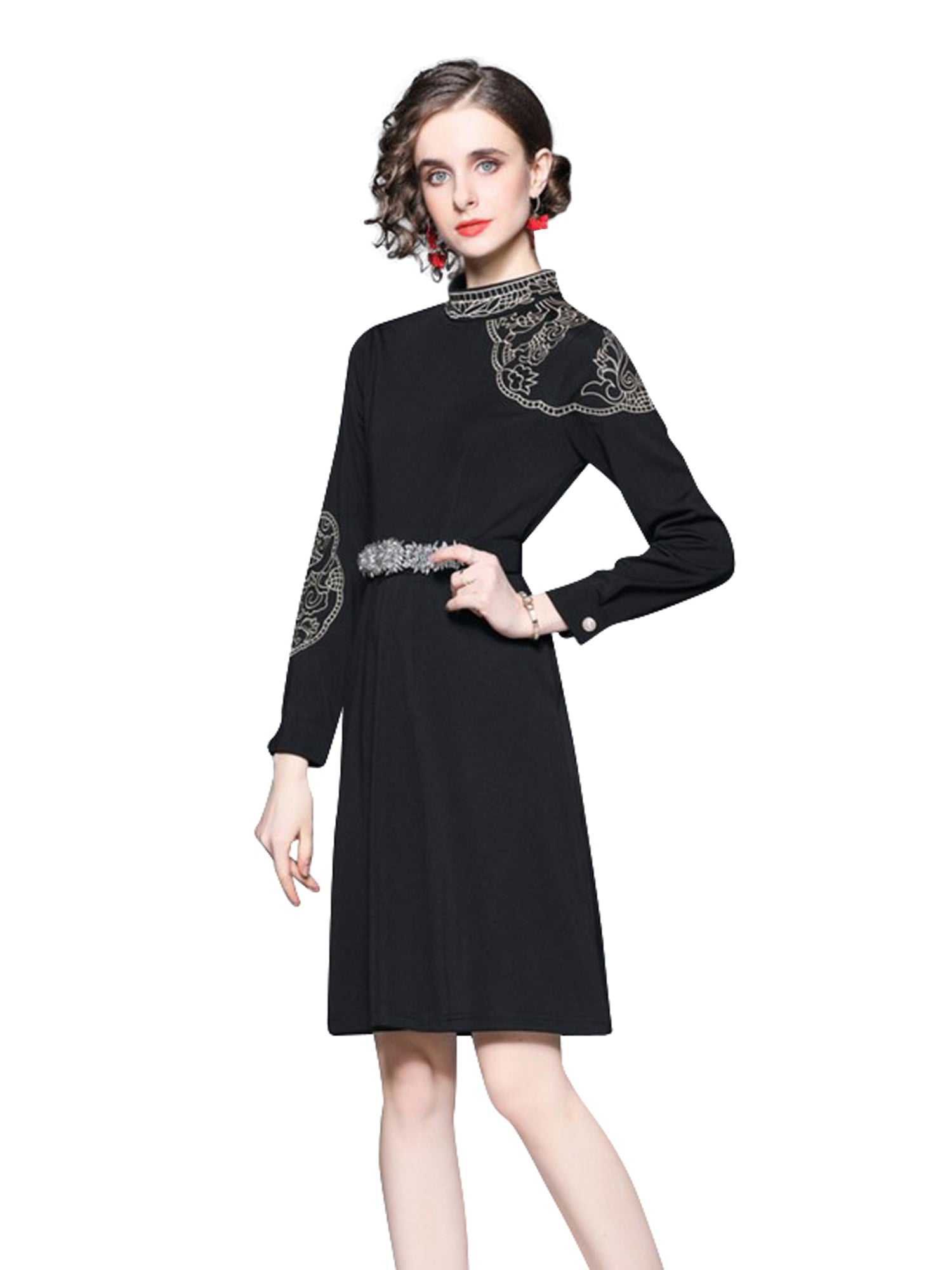 Elegant Long Sleeve Knee-Length Black Cocktail Dress