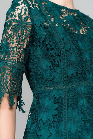 Close Up view of Emerald Green Lace Fitted Sheath Dress