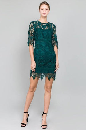 Front View of Lace Fitted Emerald Green Lace Dress