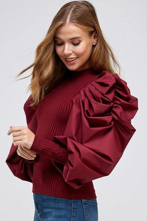 La' Ros Ribbed Bubble Sleeve Top Bergundy