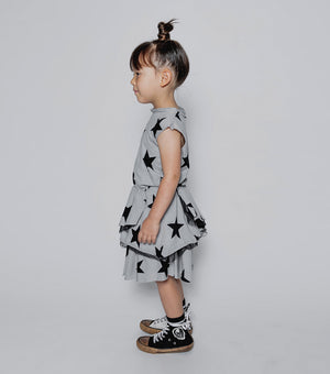 NUNUNU Girls Ice Grey Layered Star Print Cotton Dress