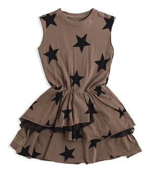 NUNUNU Girls Earth Brown Layered Star Print Cotton Dress