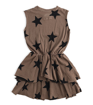 NUNUNU Girls Earth Brown Layered Star Print Cotton Dress