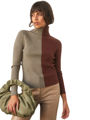 Crescent Stacy Color Block Knit Turtleneck Top - Shirts & Tops