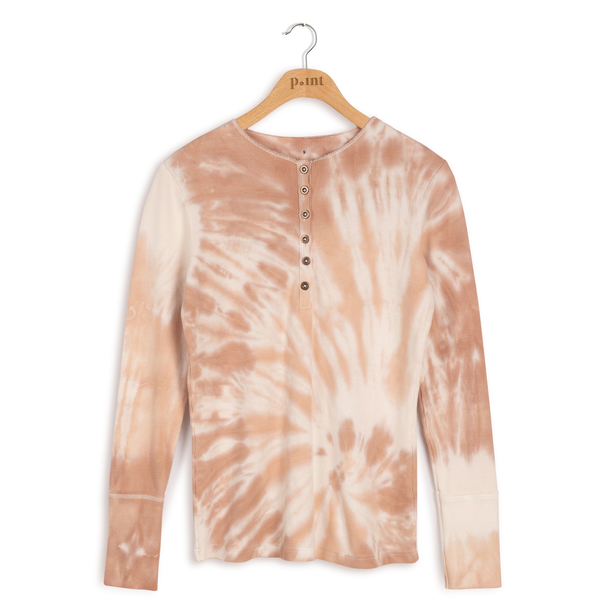 Point Ribbed Tie-Dye Henley Top Blush Ribbed Cotton Blend