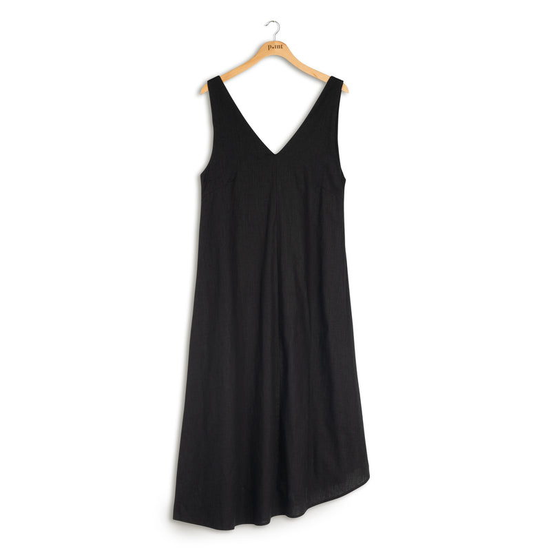 Point Linen Cotton Asymmetrical Sleeveless Black Jumper Dress